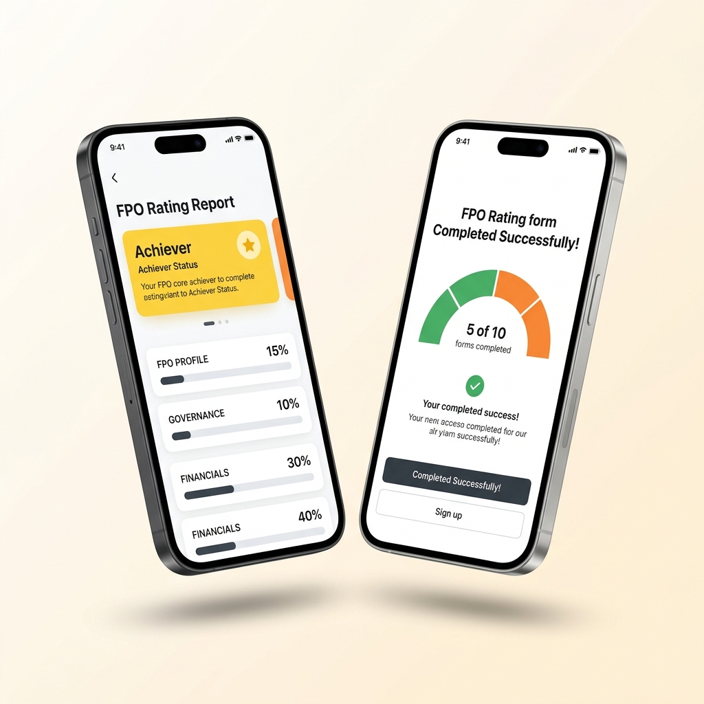 Two FPO app mockups showing scoring and completion on mobile