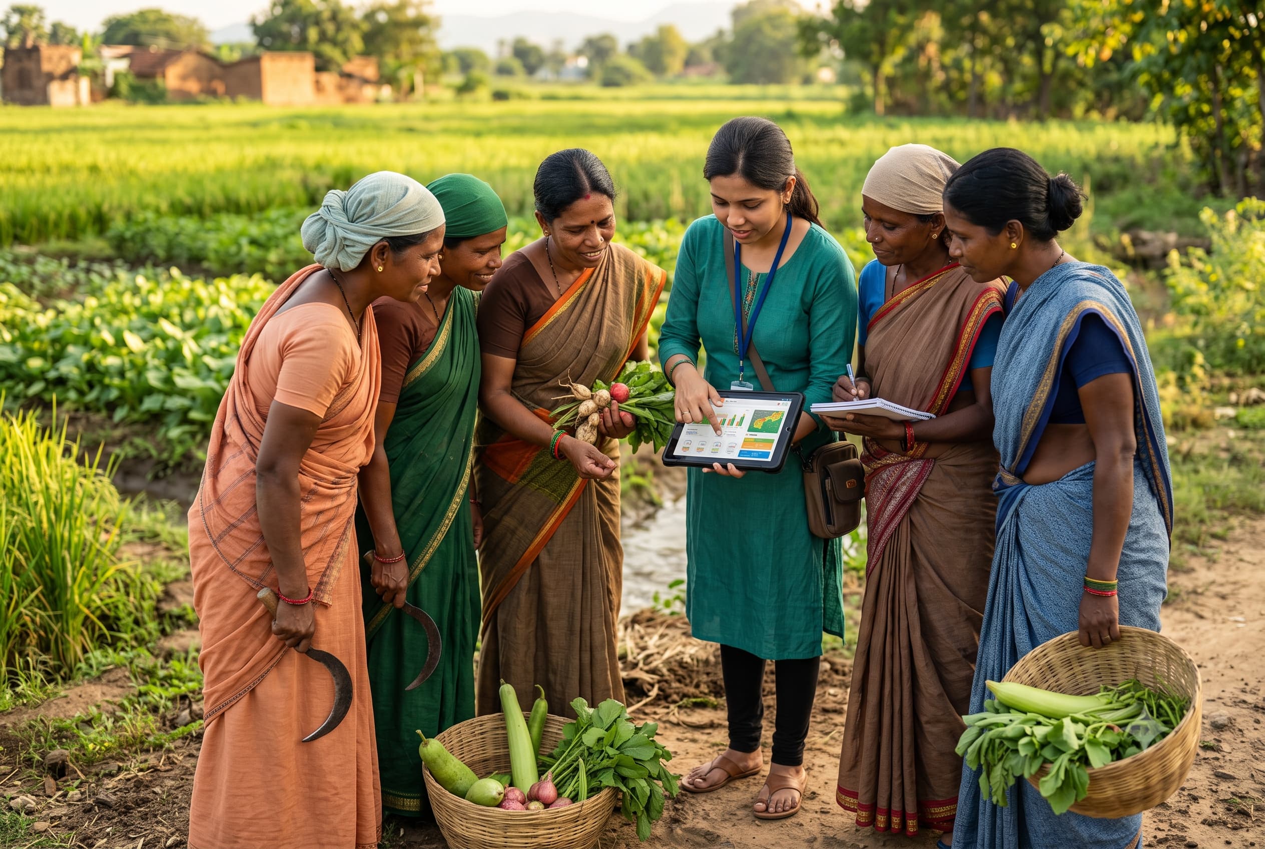 Indian women farmers working together in a green field